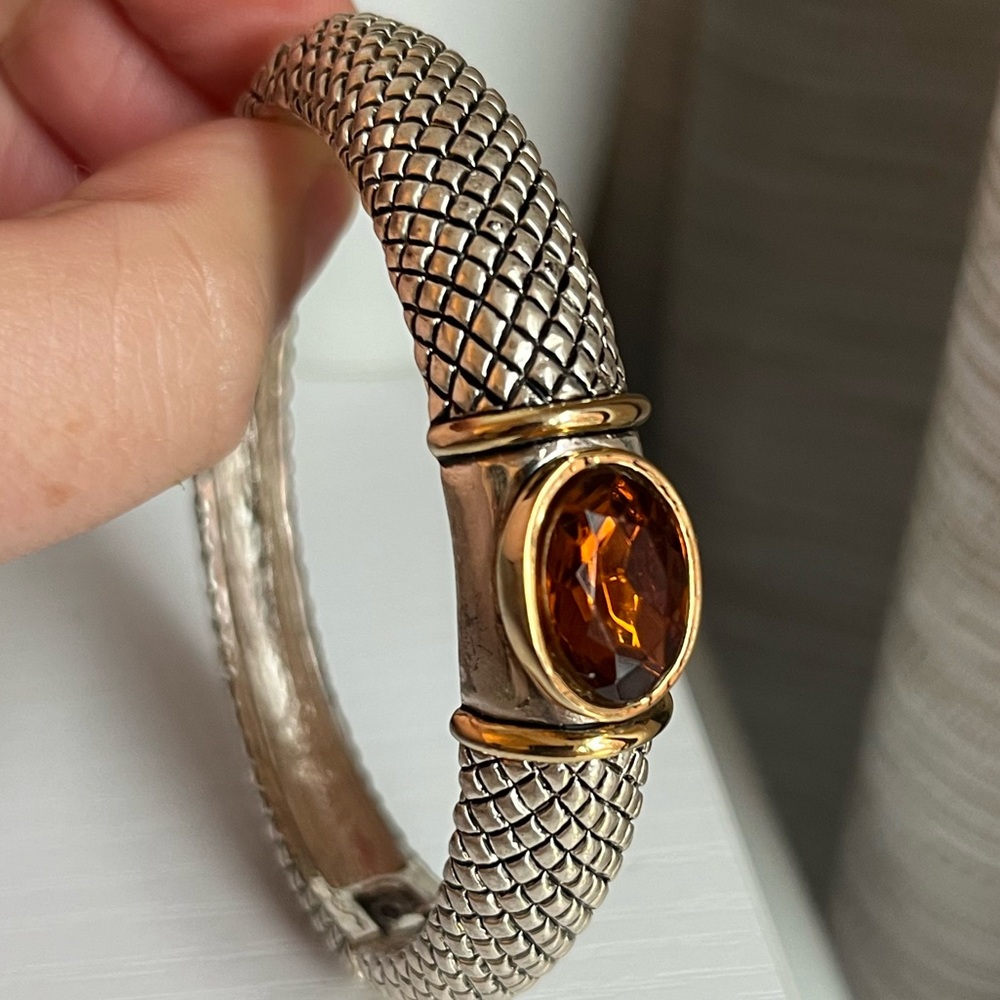 Textured Silver Tone Cuff Bracelet with Amber Color Stone